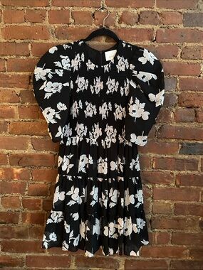 cinq à sept Black Dress with White Floral Smocked Detail